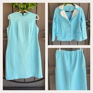 60s 70s 3pc Double Knit Polyester Dress Skirt Jacket Set XXL